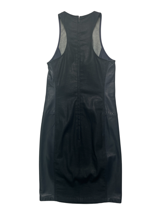 Black Denim Slim Dress With Leather Side Panels