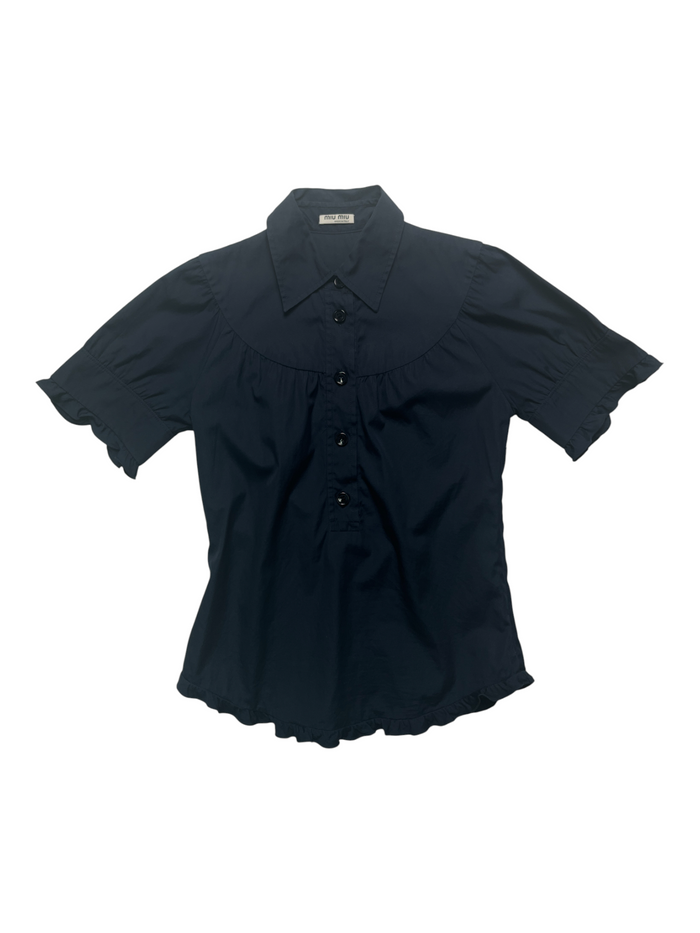 Navy Short Sleeve Blouse with Flowery Edges
