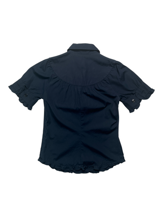 Navy Short Sleeve Blouse with Flowery Edges