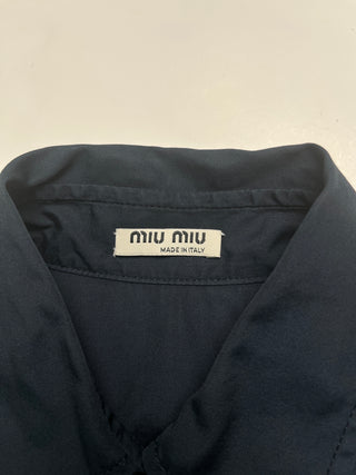 Navy Short Sleeve Blouse with Flowery Edges