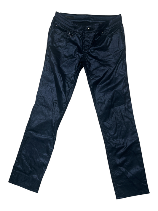 Iridescent Blue Pants With Diamante Buttons And Patent Leather Tab