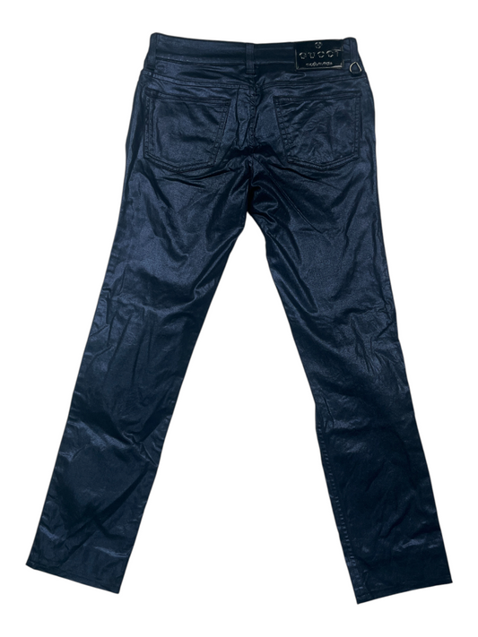 Iridescent Blue Pants With Diamante Buttons And Patent Leather Tab
