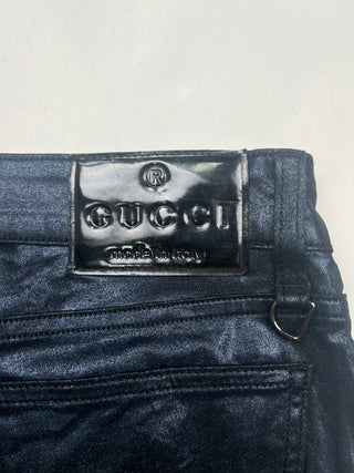 Iridescent Blue Pants With Diamante Buttons And Patent Leather Tab