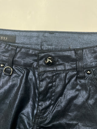 Iridescent Blue Pants With Diamante Buttons And Patent Leather Tab