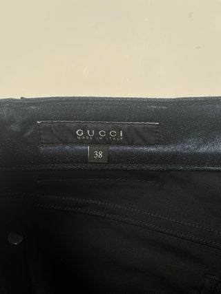 Iridescent Blue Pants With Diamante Buttons And Patent Leather Tab