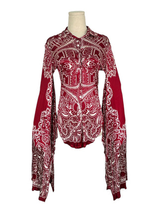 Burgundy Paisley Print Bell Sleeve Blouse