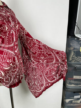 Burgundy Paisley Print Bell Sleeve Blouse