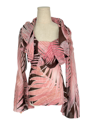 Pink Tropical Print Ruffle Neck Blouse