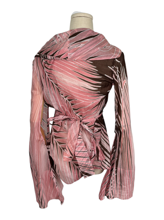 Pink Tropical Print Ruffle Neck Blouse