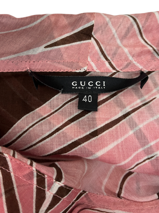 Pink Tropical Print Ruffle Neck Blouse