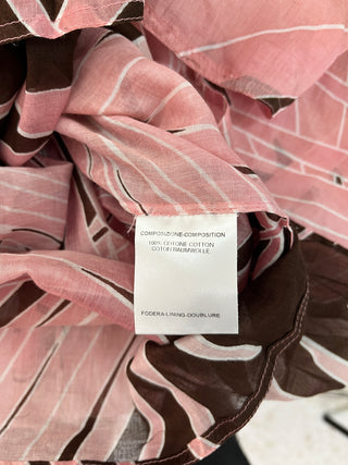 Pink Tropical Print Ruffle Neck Blouse