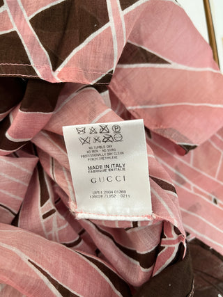 Pink Tropical Print Ruffle Neck Blouse