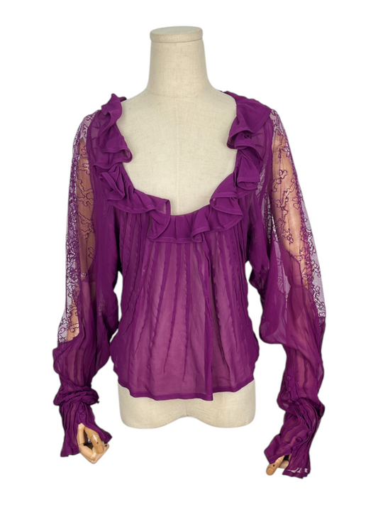 Mauve Scoop Neck Top With Ruffles And Lace Details