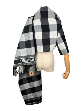 Black Checkered Wool And Rabbit Hair Scarf Jacket