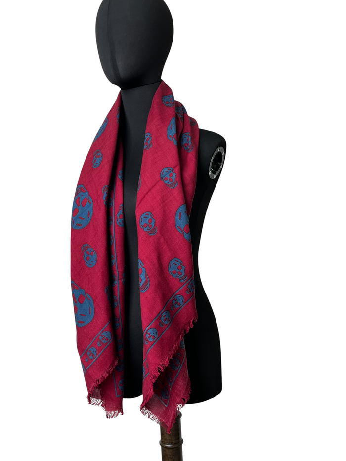Burgundy And Blue Square Scarf With Skull Patterns