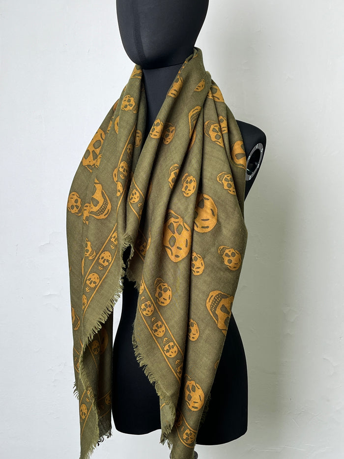 Khaki Green Signature Scull Wool And Cashmere Scarf
