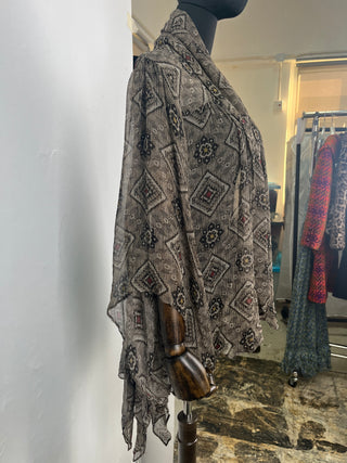 Brown Tsumugi Print Silk Blouse