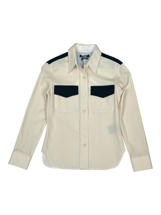 Beige Virgin Wool Colorblock Pattern Western Shirt