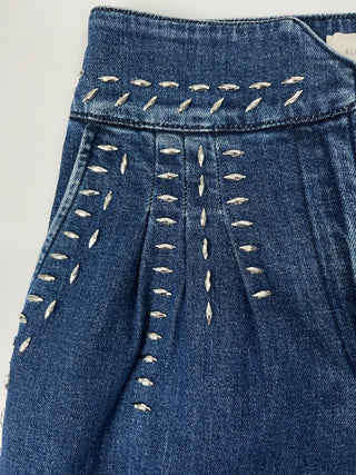 Blue High Waist Baggy Jeans With Silver Embellishment On Waist And Front