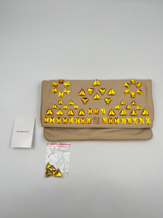 Beige Nylon Clutch Embellished With Yellow Crystal