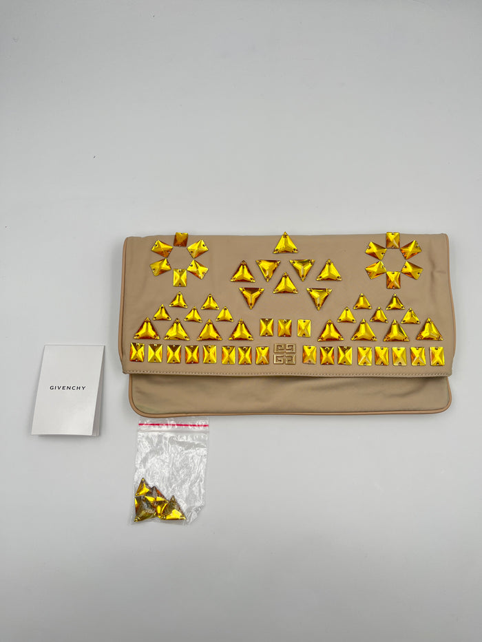 Beige Nylon Clutch Embellished With Yellow Crystal