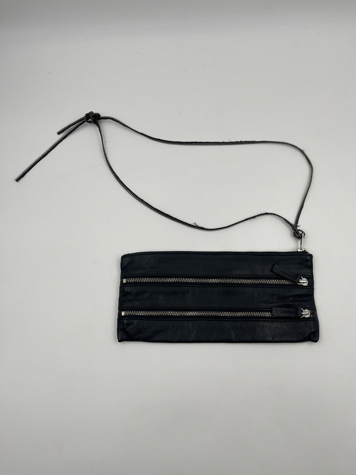 Black Leather Zipper Clutch With One-Side Strap