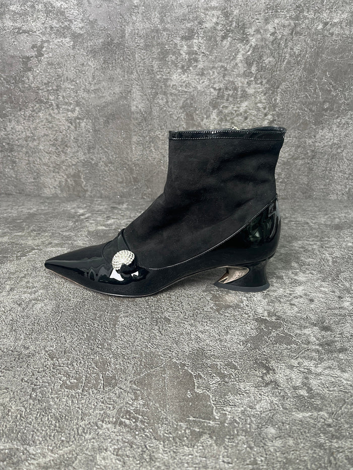 Black Suede Ankle Boots With Cyrstal Embellished