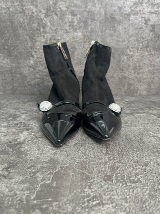 Black Suede Ankle Boots With Cyrstal Embellished