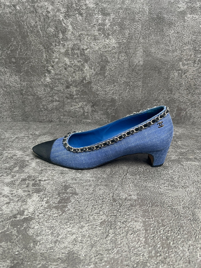 Blue Denim Cloth Shoes With Black Cap Toe