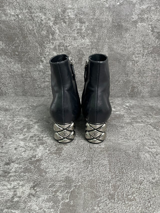 Black Leather Short Boots With Silver Quilted Heels