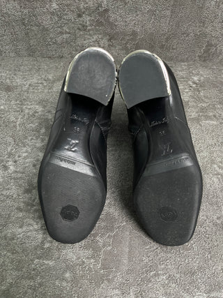 Black Leather Short Boots With Silver Quilted Heels