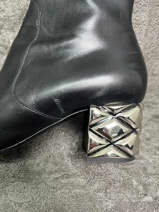 Black Leather Short Boots With Silver Quilted Heels