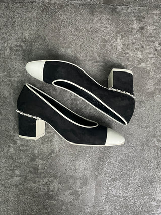 Black Suede Shoes With White Patent Cap Toe