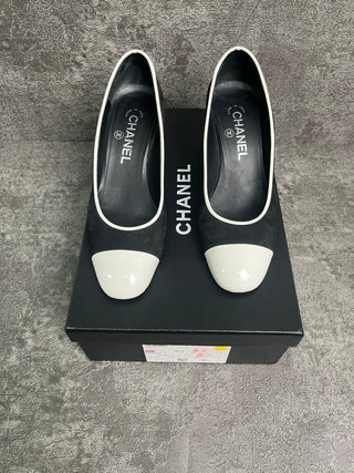 Black Suede Shoes With White Patent Cap Toe