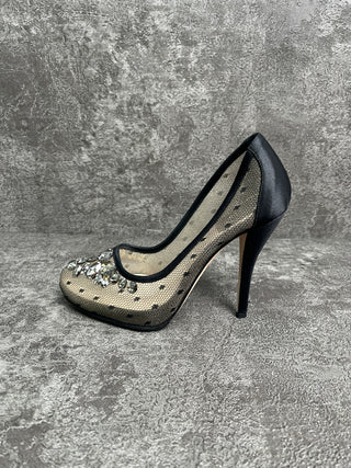 Black 110mm Satin Pumps With Crystal Embellishment
