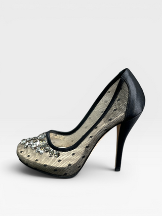 Black 110mm Satin Pumps With Crystal Embellishment