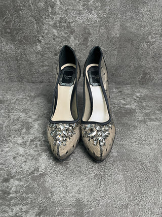 Black 110mm Satin Pumps With Crystal Embellishment