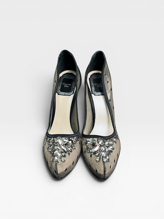 Black 110mm Satin Pumps With Crystal Embellishment