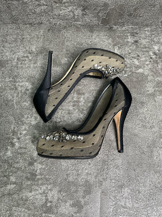 Black 110mm Satin Pumps With Crystal Embellishment