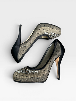 Black 110mm Satin Pumps With Crystal Embellishment