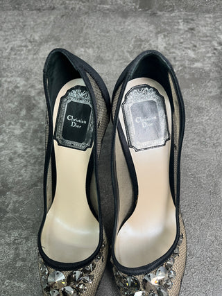 Black 110mm Satin Pumps With Crystal Embellishment