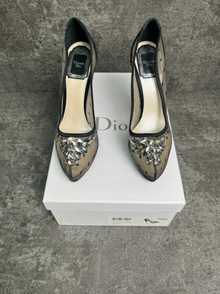 Black 110mm Satin Pumps With Crystal Embellishment