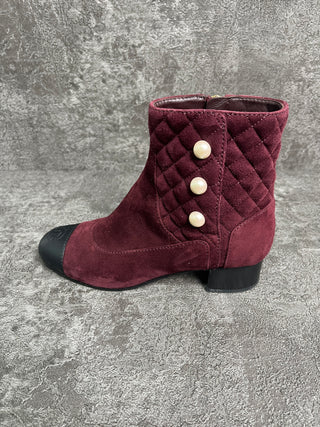 Burgundy Suede Quilted Short Boots With Pearl Buttons