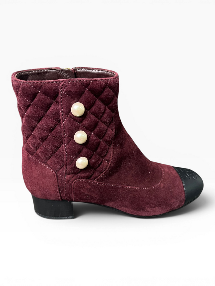 Burgundy Suede Quilted Short Boots With Pearl Buttons