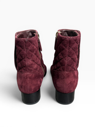 Burgundy Suede Quilted Short Boots With Pearl Buttons