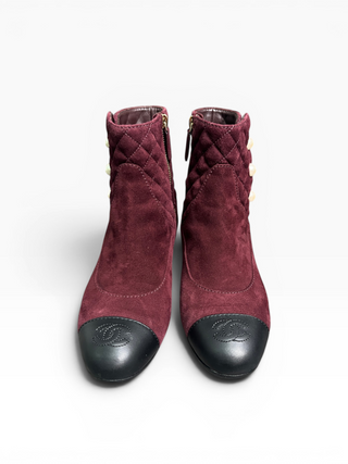 Burgundy Suede Quilted Short Boots With Pearl Buttons