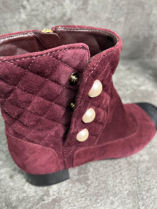 Burgundy Suede Quilted Short Boots With Pearl Buttons