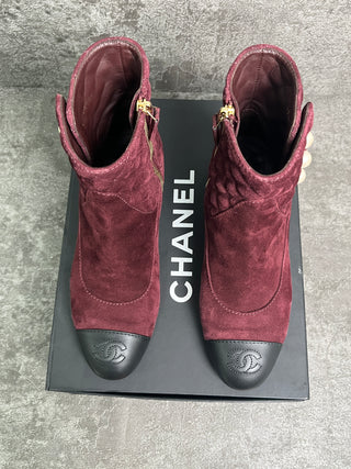 Burgundy Suede Quilted Short Boots With Pearl Buttons