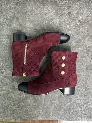 Burgundy Suede Quilted Short Boots With Pearl Buttons