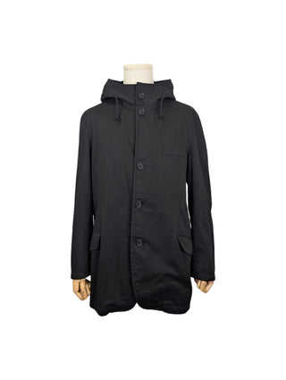Pour Homme Black Cotton Twill Single Breasted Coat With A Hood